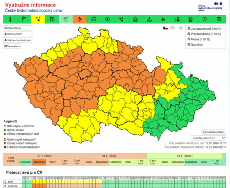 Nejhorší situace bude v pásmu od západních do východních Čech (hnědá barva).