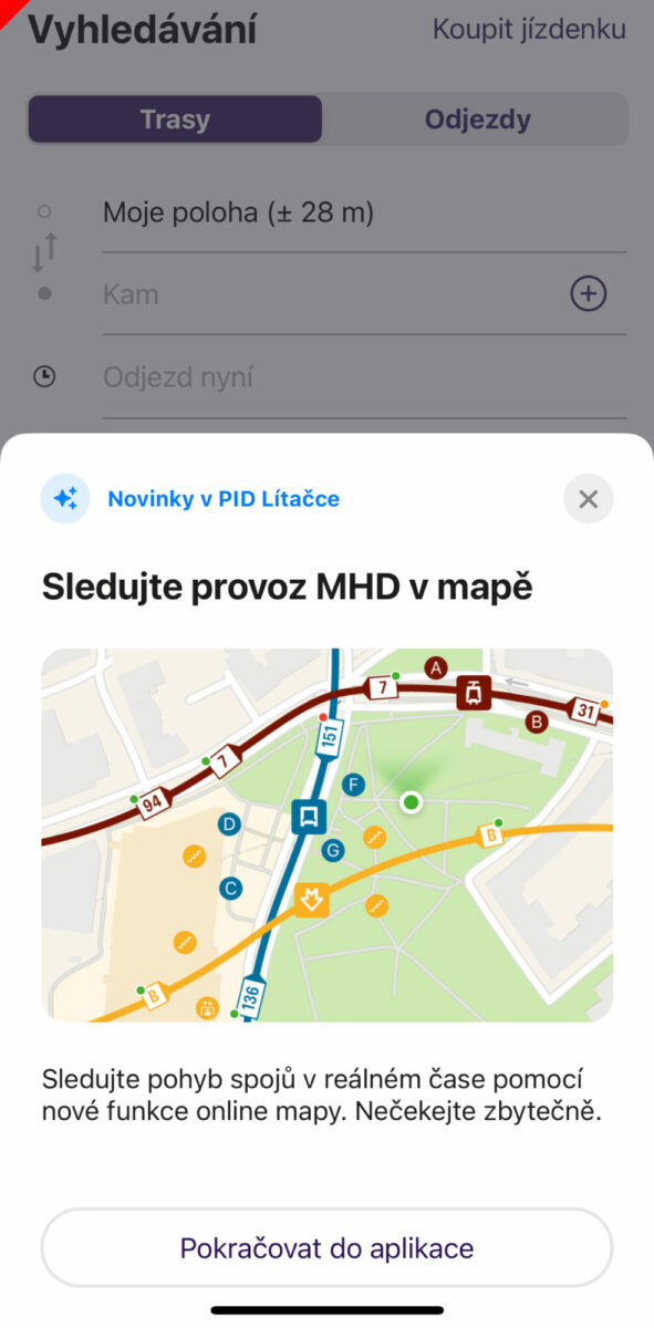Obrazovka aplikace Mapa spojů Pražské integrované dopravy.