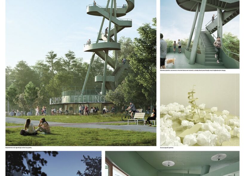 Vítězný návrh zahradní restaurace s vyhlídkovou věží v Malešickém parku v Praze 10.